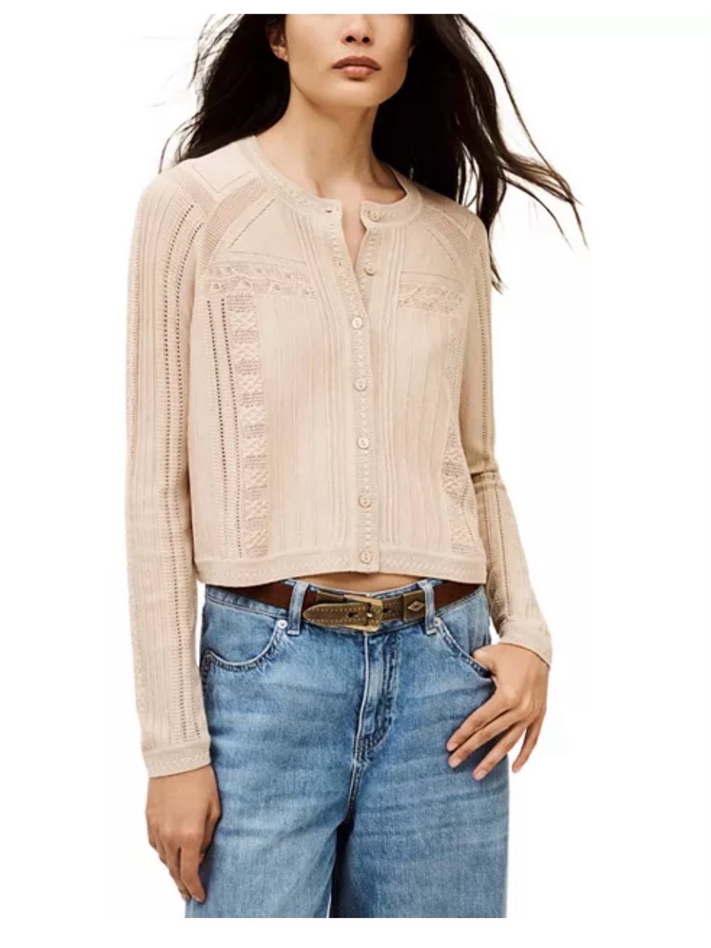 ba&sh Cream Openwork Button-Front Cardigan